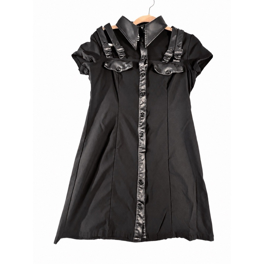Killstar Dress Womens Large Black Gothic Buckle Faux Leather Trim Button Front